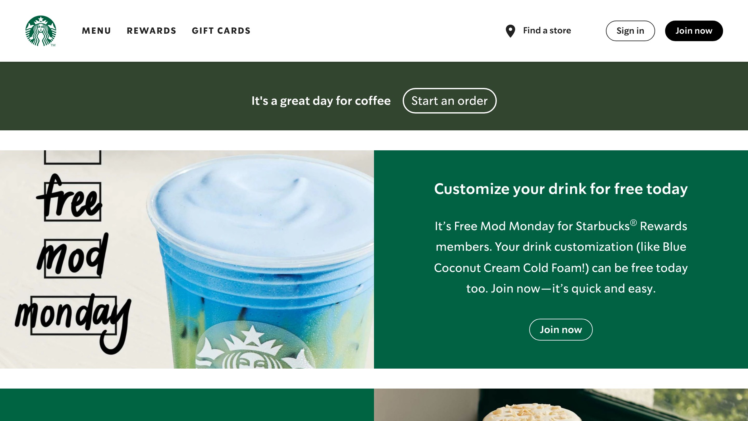Starbucks website showing the green circular emblem with the twin-tailed siren at center.