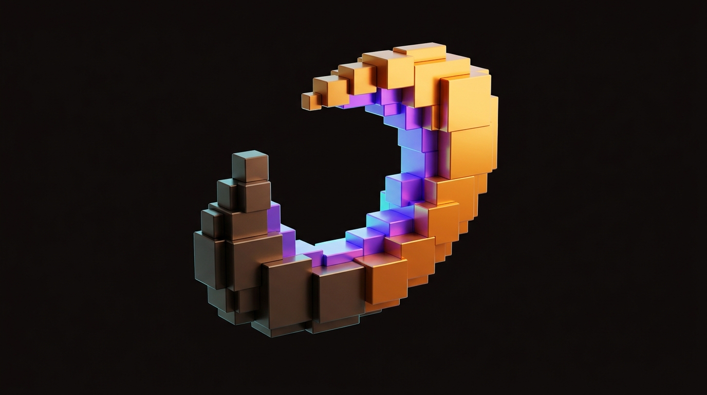 Voxel concept of an abstract mark, a pure geometric form that carries brand meaning without depicting an object.