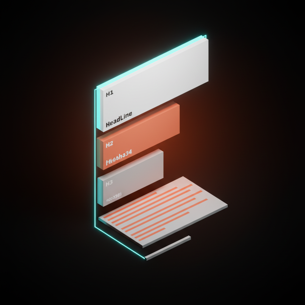 Voxel diagram showing five stacked level cards (H1, H2, H3, body, caption) with thin coral guide rails marking the spacing ratios between them