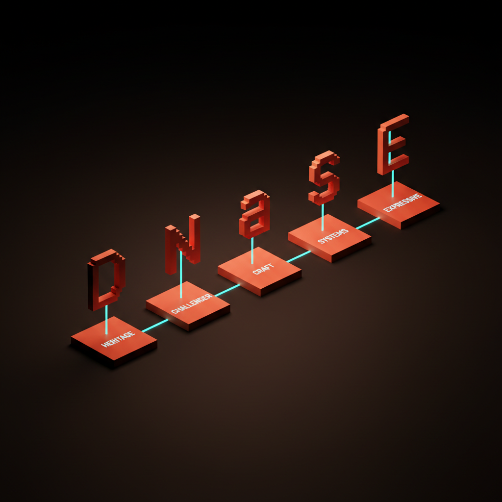 Voxel framework diagram of five labeled archetype chips (HERITAGE, CHALLENGER, CRAFT, SYSTEMS, EXPRESSIVE) each paired with a single representative voxel letterform above it, connected by thin cyan lines, on a dark Brainy studio backdrop