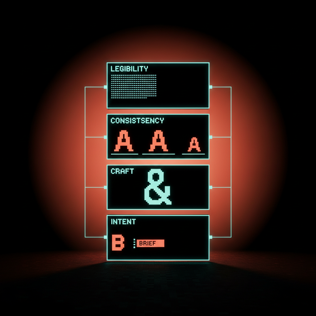 Voxel diagram of four stacked tiles labeled LEGIBILITY, CONSISTENCY, CRAFT, and INTENT, each holding a small voxel typographic example, on a dark Brainy studio backdrop
