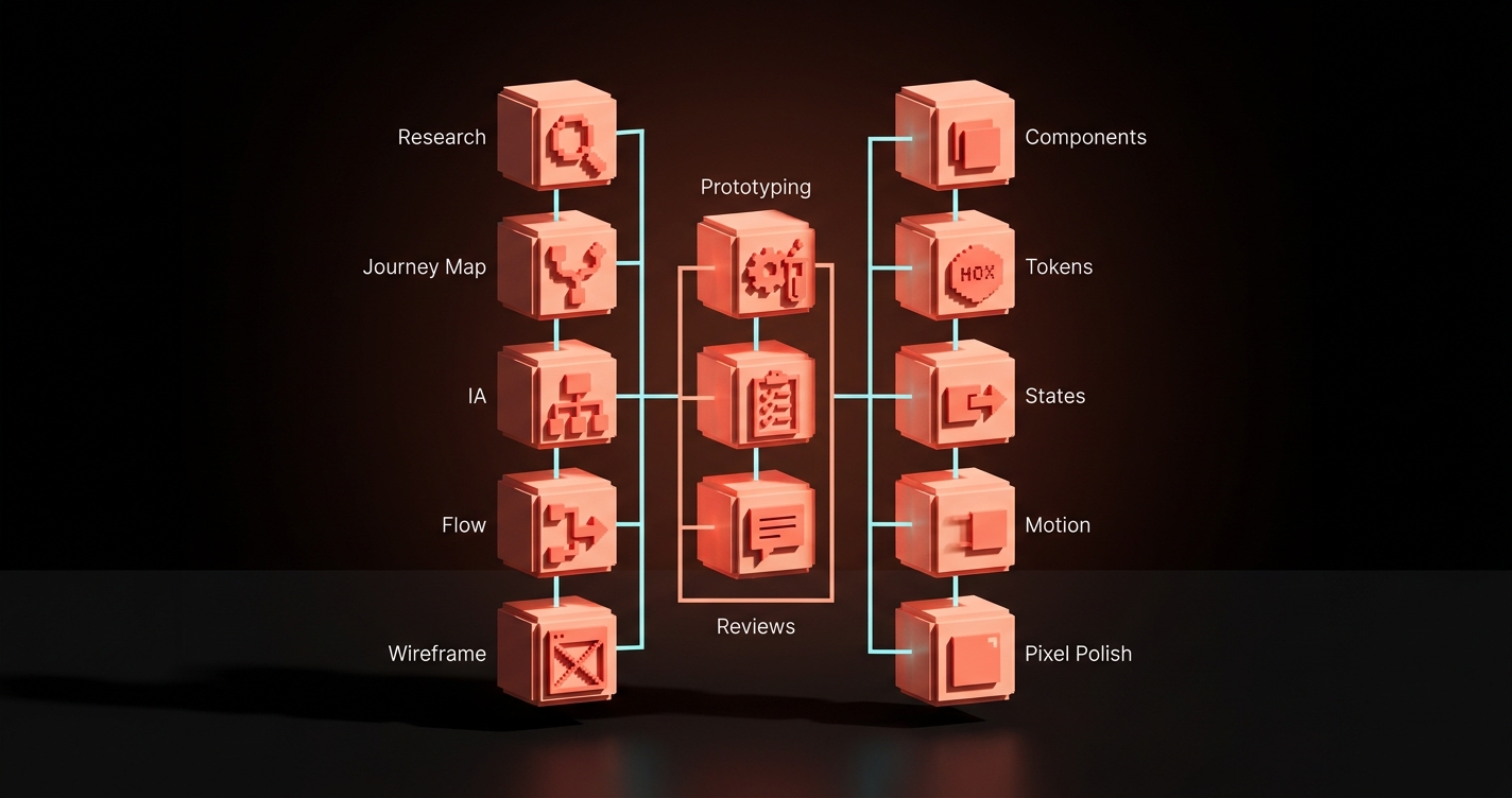 A three-column task map: the left column shows UX deliverables (research, journey map, IA, flows, wireframes), the right column shows UI deliverables (components, tokens, states, motion, pixel polish), and a narrow center column shows overlap (prototyping, user testing, design reviews)