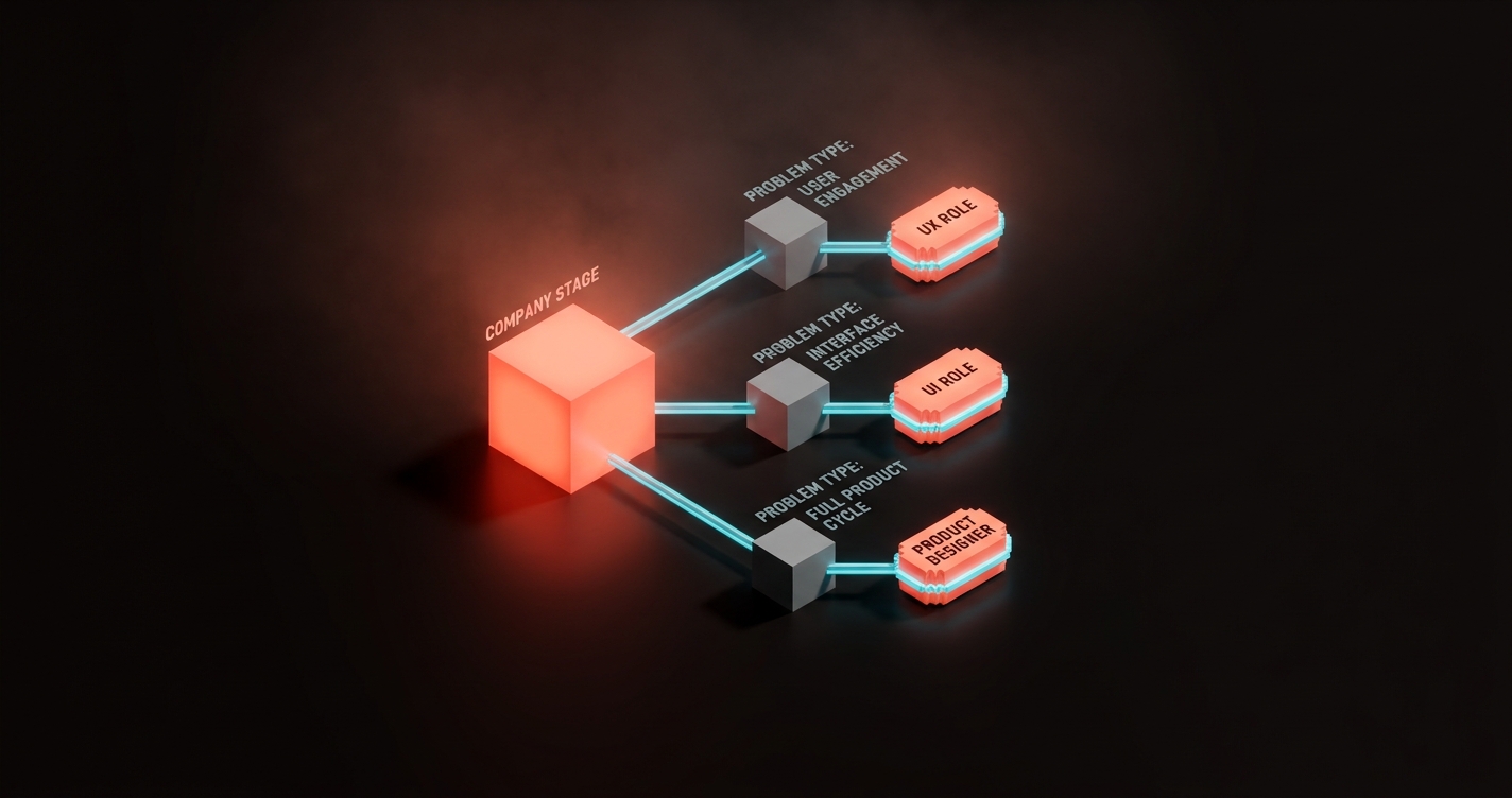 A voxel decision tree: the root node is company stage (pre-launch, scaling, mature), branches show problem type (flows broken, screens ugly, both), and leaves show role pills (UX, UI, both, product designer)