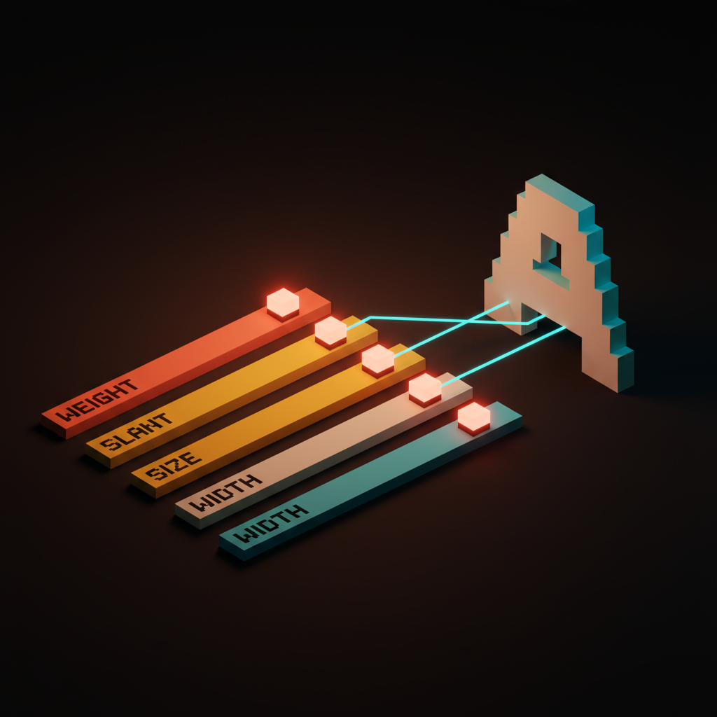 Voxel concept showing the four variable font axes — weight, width, slant, and optical size — as distinct dimensions of a single typeface file