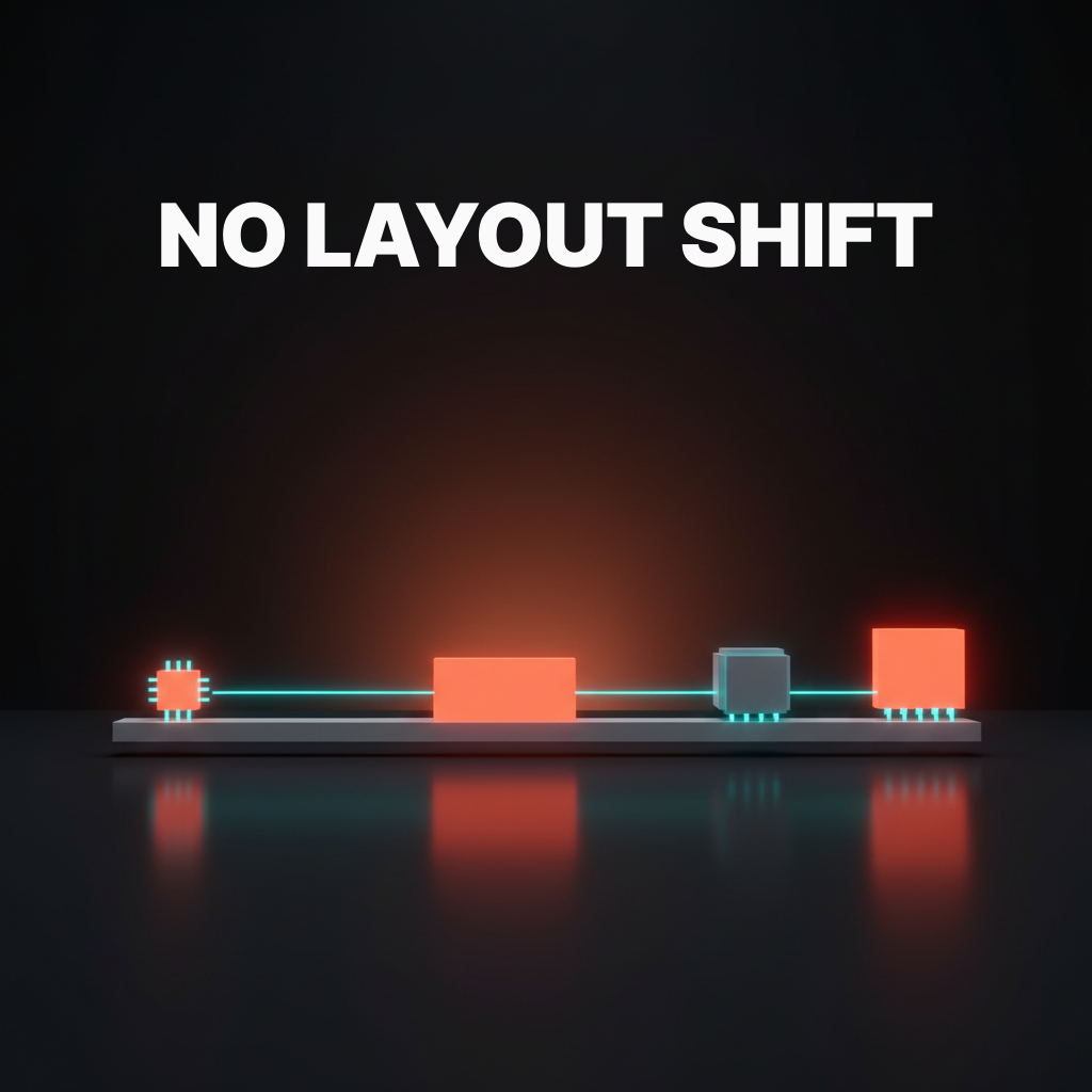 Voxel concept depicting the variable font loading sequence: preload in the head, font-display swap in the CSS, and a metric-matched fallback preventing layout shift
