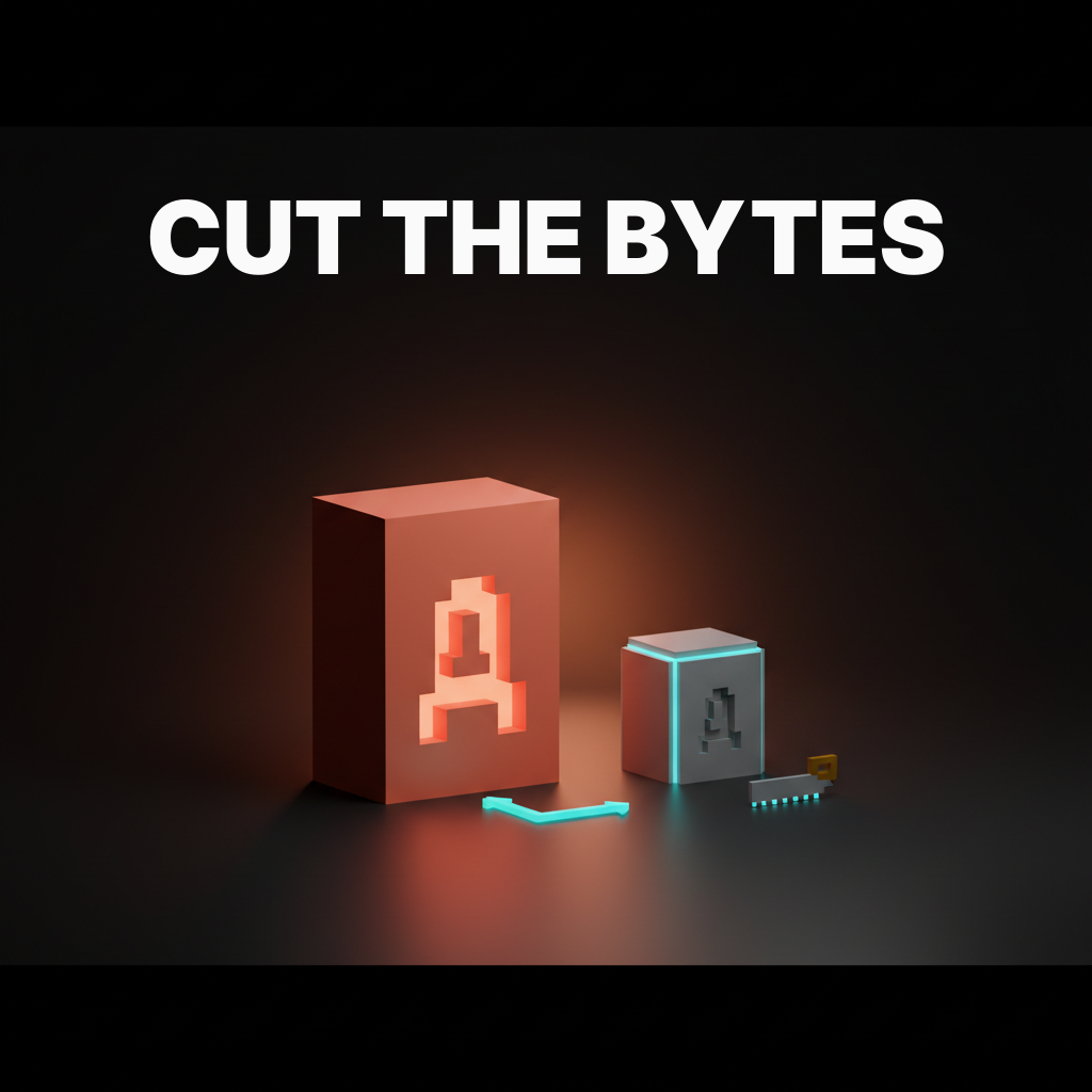 Voxel concept illustrating a variable font file being trimmed by subsetting, stripping unused glyph ranges to reduce a 600KB font to 200KB