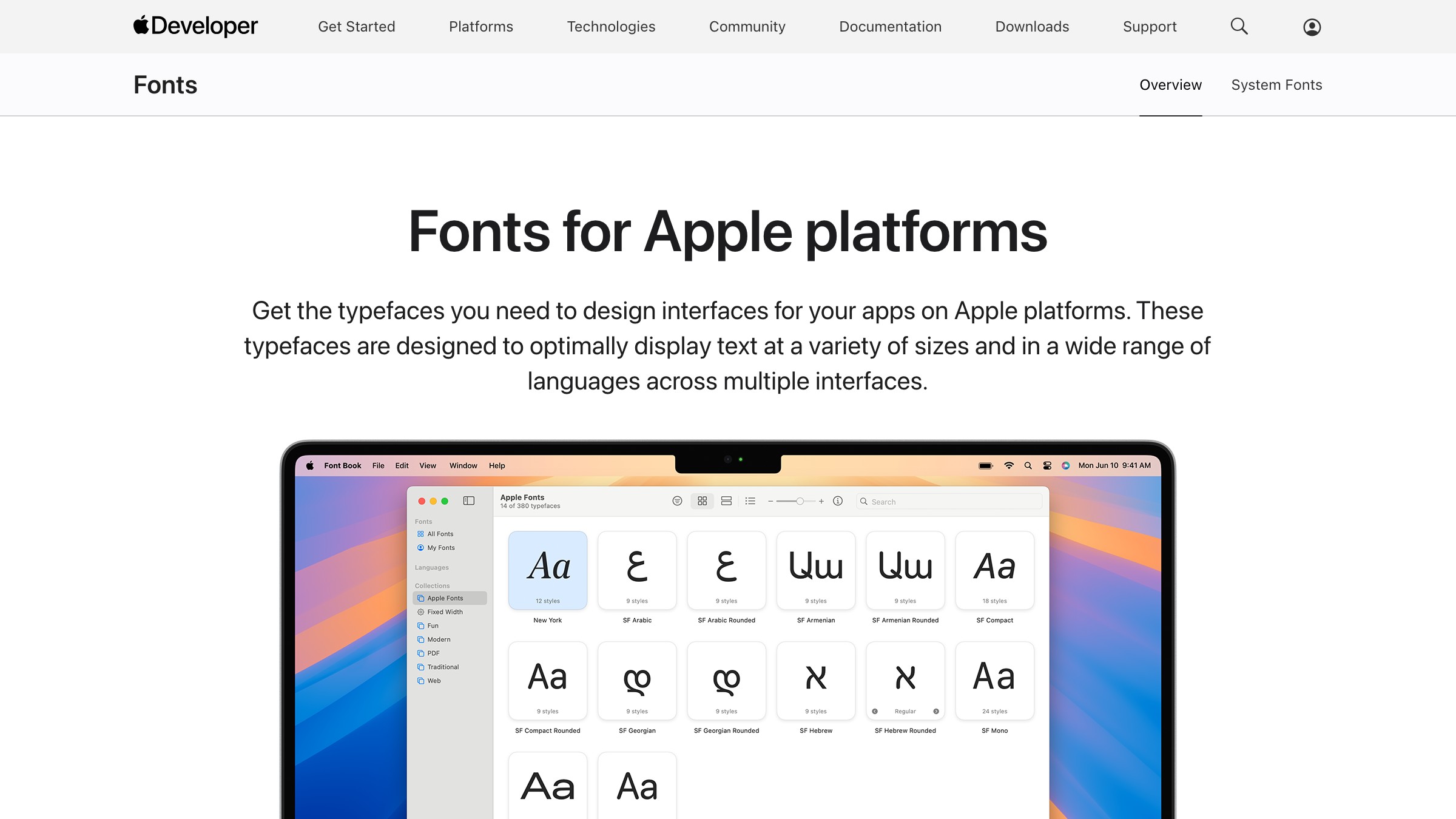 Apple developer fonts page showing the SF family and optical size axis documentation.