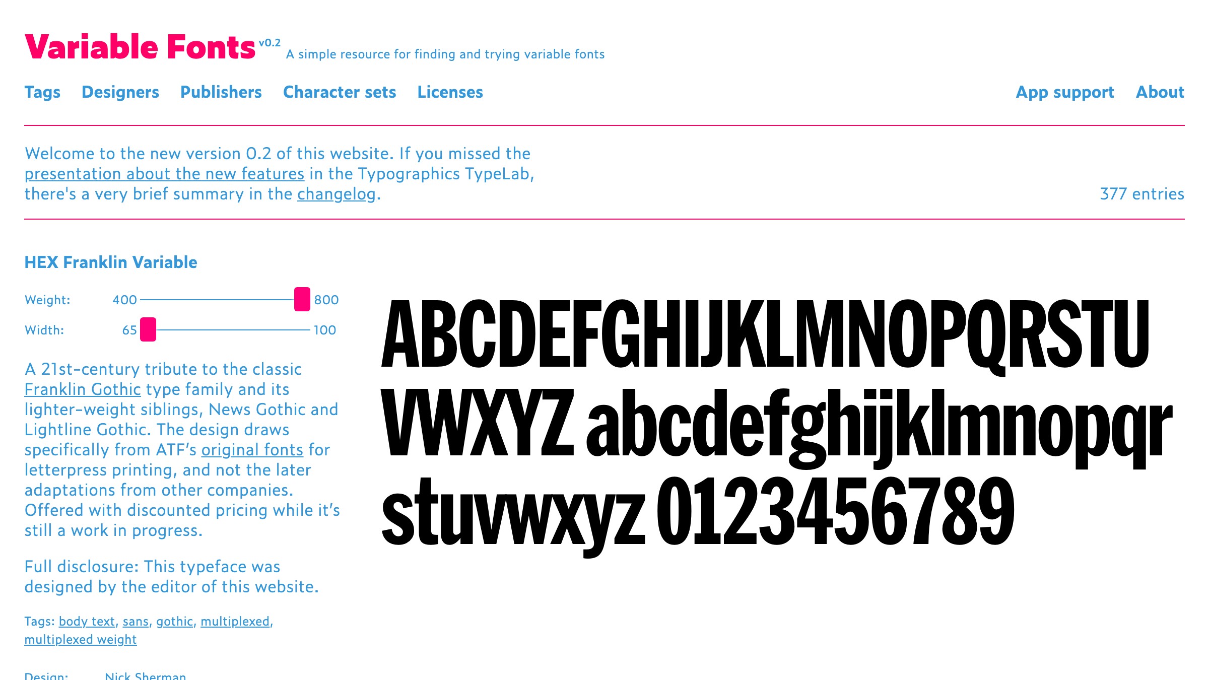 v-fonts.com catalog showing live variable-font axis previews across hundreds of typefaces.