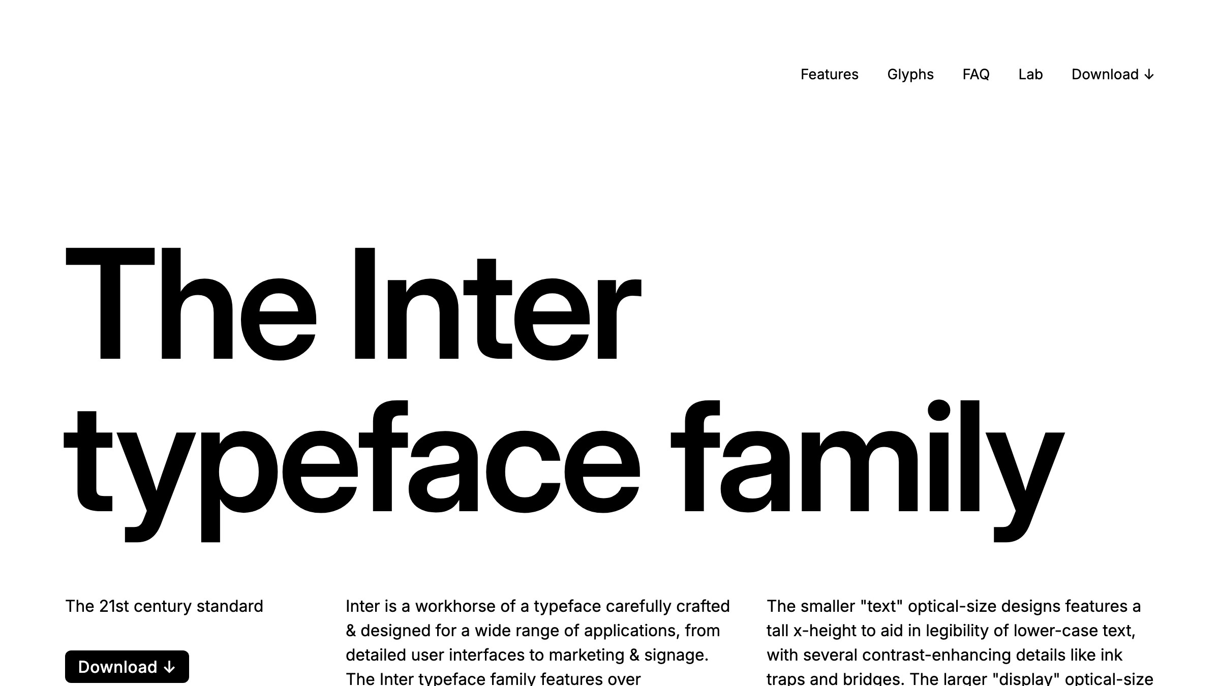 Inter's homepage at rsms.me showing the family hero rendered in Inter itself.