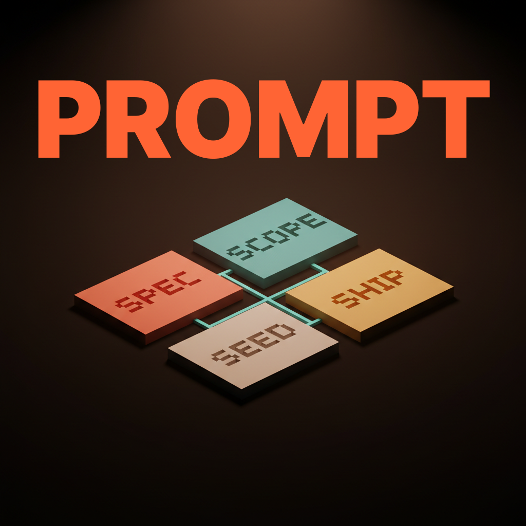 Voxel composition of four small heavy cards arranged in a 2x2 grid on the studio floor, each a different muted color, with single-word etched labels SPEC, SCOPE, SEED, SHIP