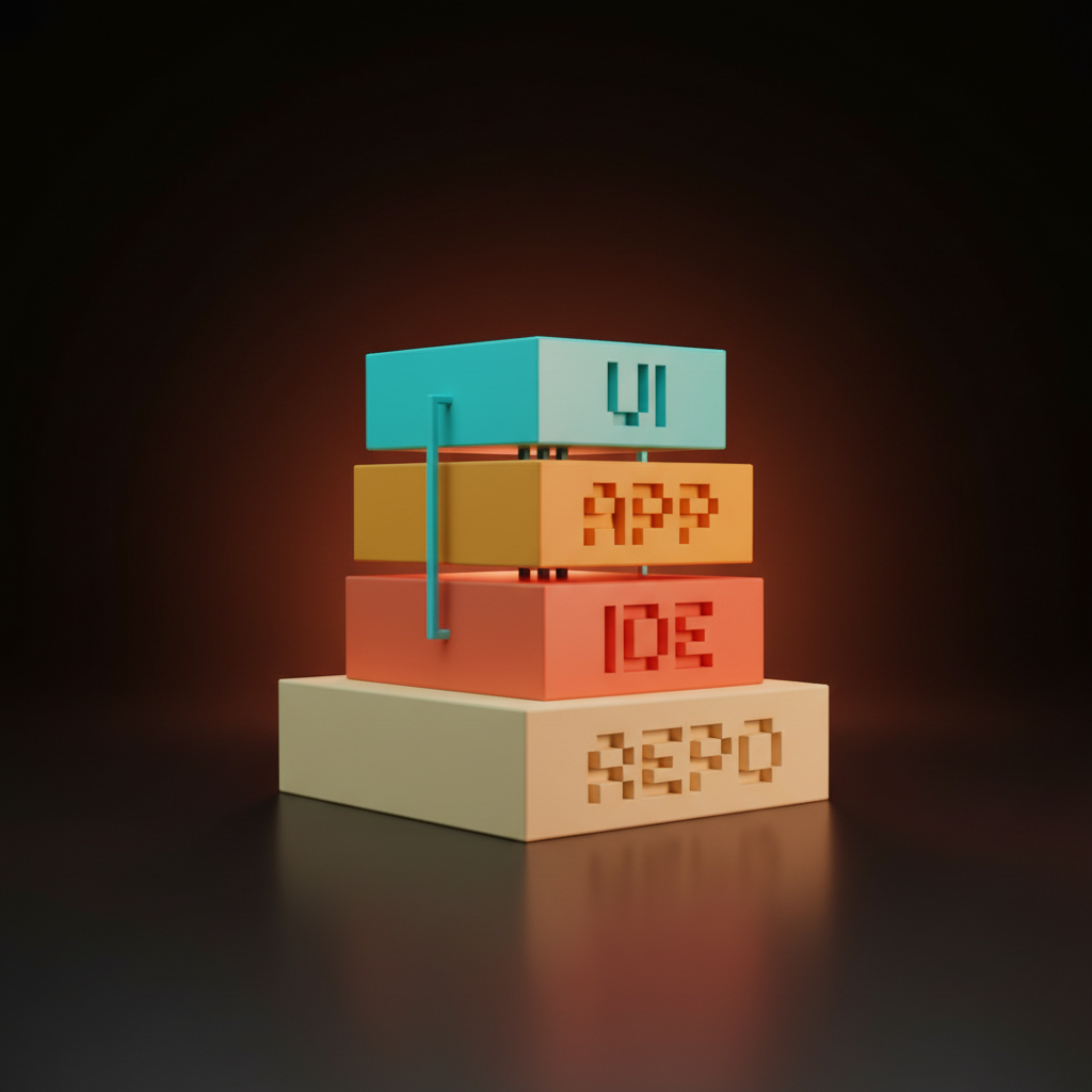 Voxel diagram of a vertical stack of four heavy slabs on the studio floor, layered like a cake with single-word etched labels REPO, IDE, APP, UI