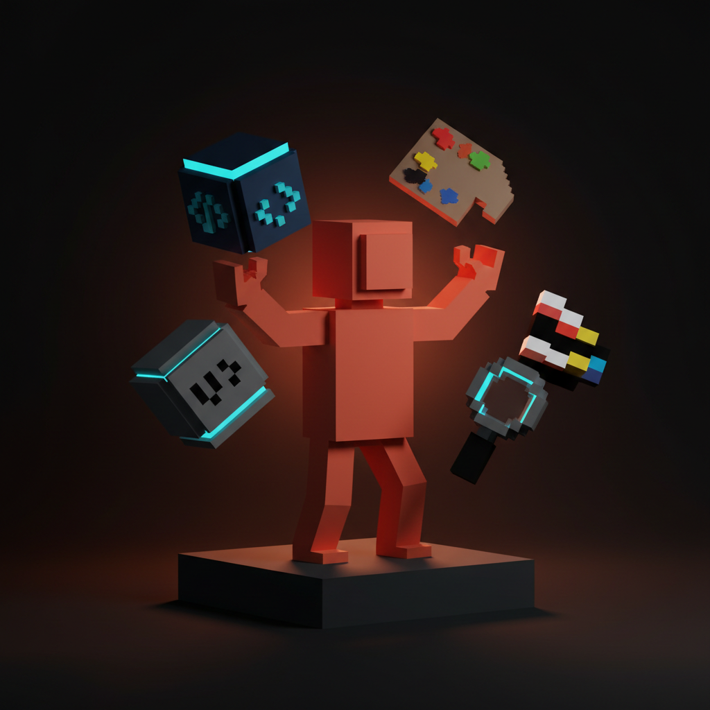 Un concepto voxel de un fundador haciendo cada trabajo a la vez, una figura solitaria rodeada de cubos de herramientas desiguales para código, diseño, UX y marca, visiblemente sobrecargada.