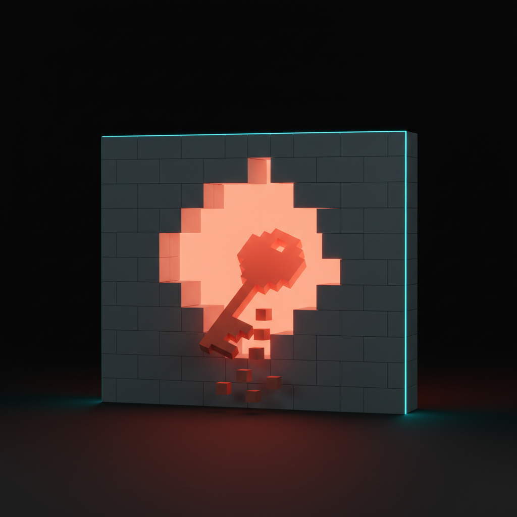 Un concepto voxel de un agujero de seguridad, una pared de producto hecha de bloques apilados con una brecha luminosa perforada y una llave expuesta derramándose.