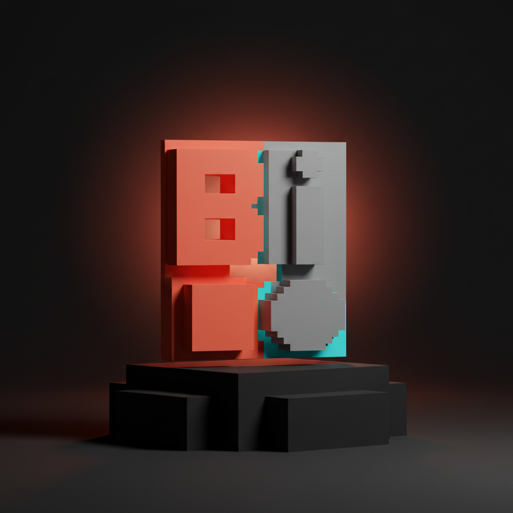 Un concepto voxel de inconsistencia de marca, una sola tarjeta de producto dividida en dos mitades desiguales con diferentes colores, tipografías y formas de botón.