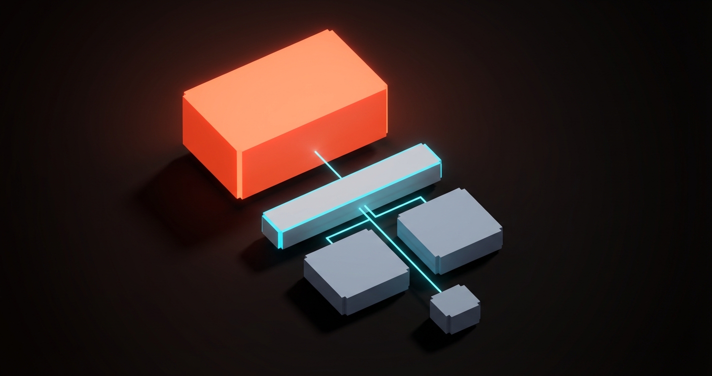 Overhead voxel wireframe showing large, medium, and small elements arranged in a clear reading order