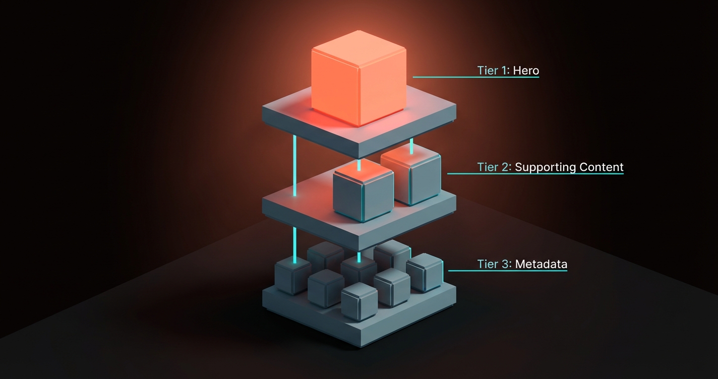 Voxel diagram showing a three-tier hierarchy: large focal block at top, medium supporting blocks below, small metadata blocks at bottom