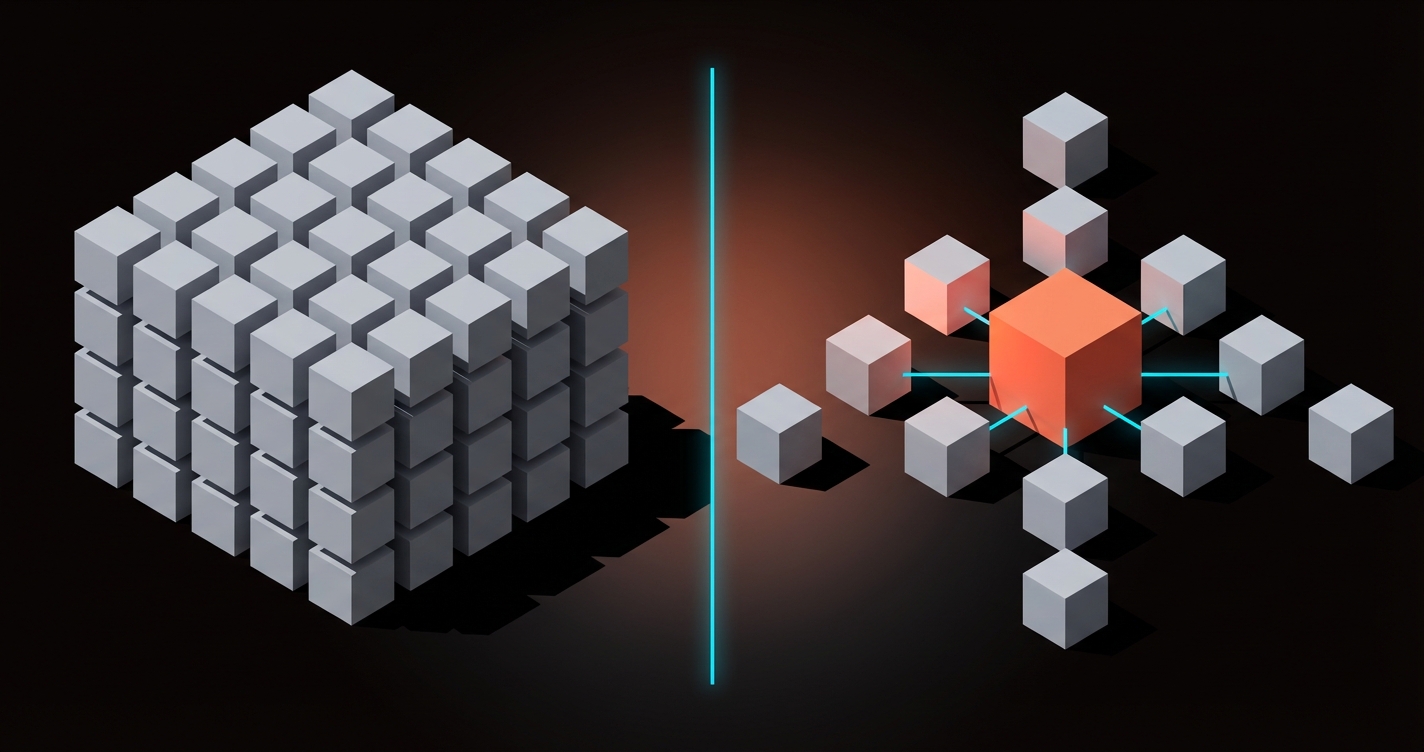 Voxel comparison: cramped layout versus spacious layout showing how white space creates hierarchy