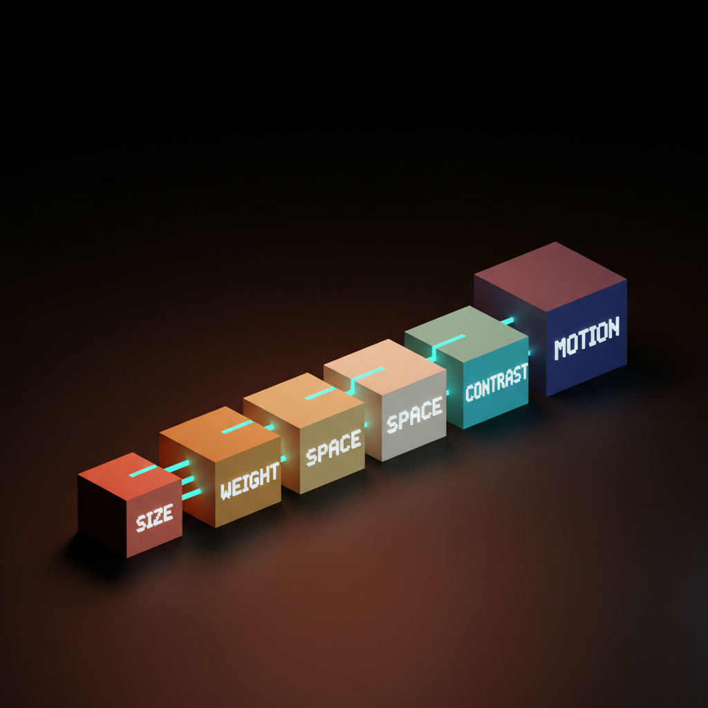 Diagramme voxel de cinq petits blocs lourds disposés horizontalement sur le sol du studio, chaque bloc étant d'une couleur sourde différente et présentant des dimensions et un poids légèrement différents, avec des étiquettes composées d'un seul mot : TAILLE POIDS ESPACE CONTRASTE MOUVEMENT