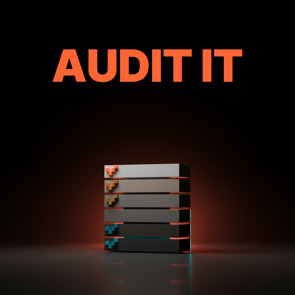 Composition voxel d'une pile verticale de six petites dalles sur le sol du studio, avec un voxel en forme de coche corail à côté de la dalle supérieure et un voxel en forme de coche ambre plus petit à côté de la seconde.