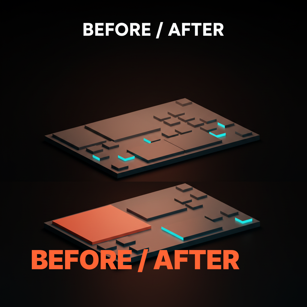 Composition voxel de deux maquettes de page d'accueil superposées, rendues sous forme de dalles plates sur le sol du studio. La maquette supérieure présente des blocs de tailles différentes et des poids variables, tandis que la maquette inférieure comporte un bloc principal distinct, un bloc secondaire et des blocs de support discrets.