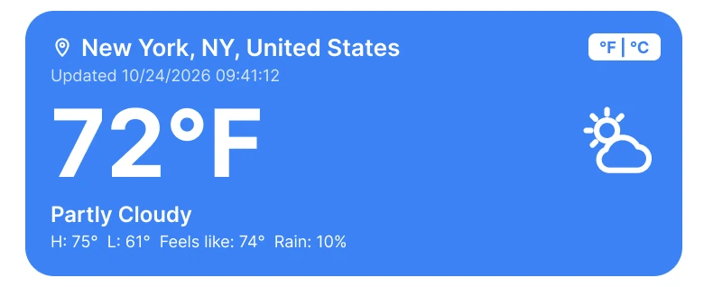 A blue card reading New York, NY, United States, Updated 10/24/2026 09:41:12, a F and C toggle, 72 degrees F, Partly Cloudy and a line of high, low, feels like and rain