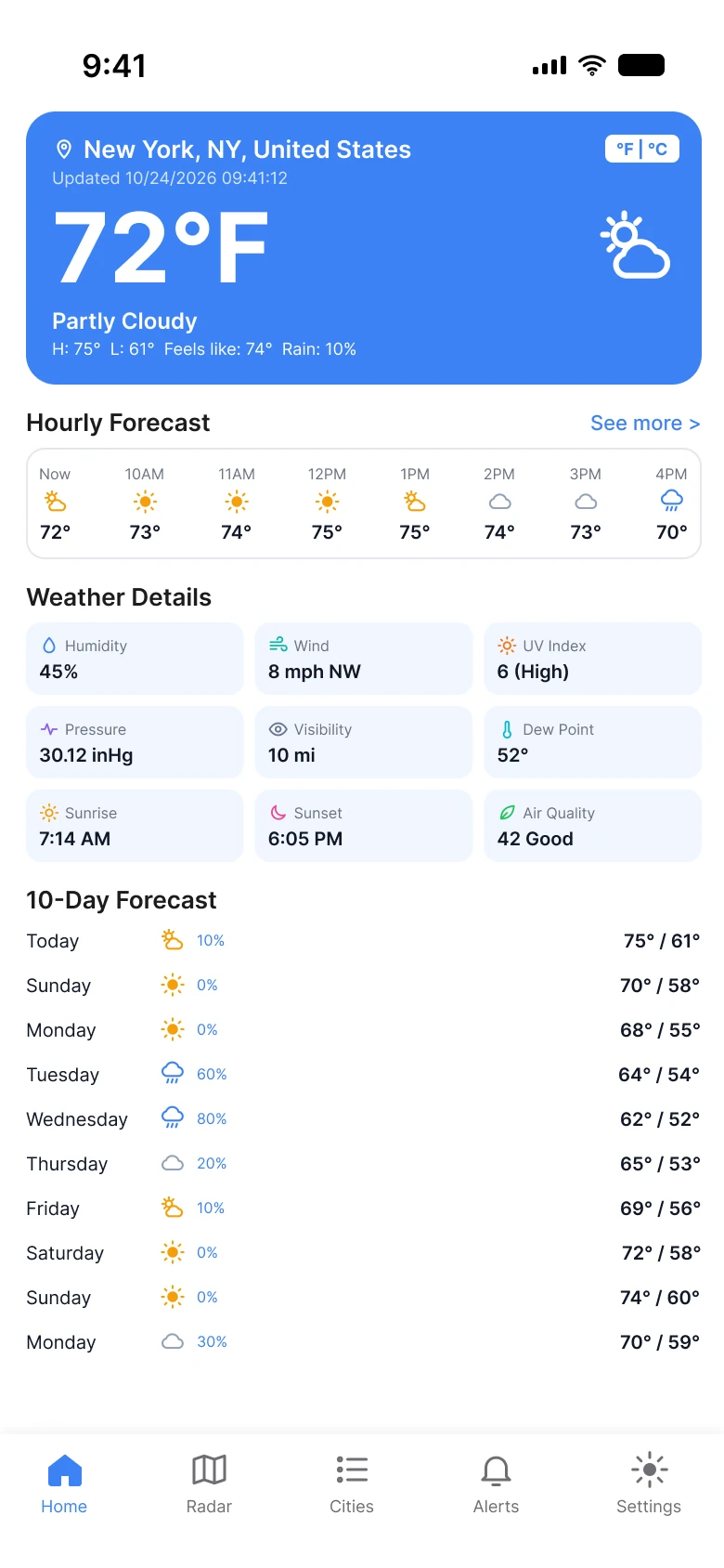 A weather home screen on a mid blue: a long place name with a timestamp, 72 degrees F, a strip of eight hours, nine small detail tiles on a white card and a ten day list
