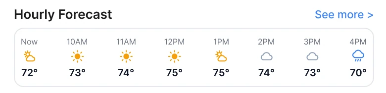 A white card titled Hourly Forecast with eight narrow columns of time, a small icon and a temperature, and a See more link