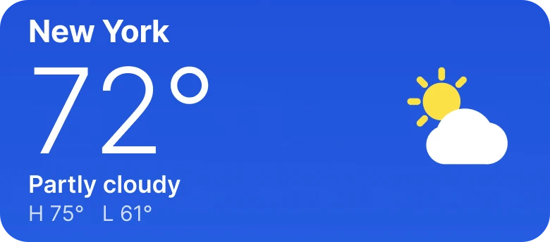 A blue block reading New York, a very large 72 degrees, Partly cloudy, H 75 and L 61, with a sun behind a cloud on the right