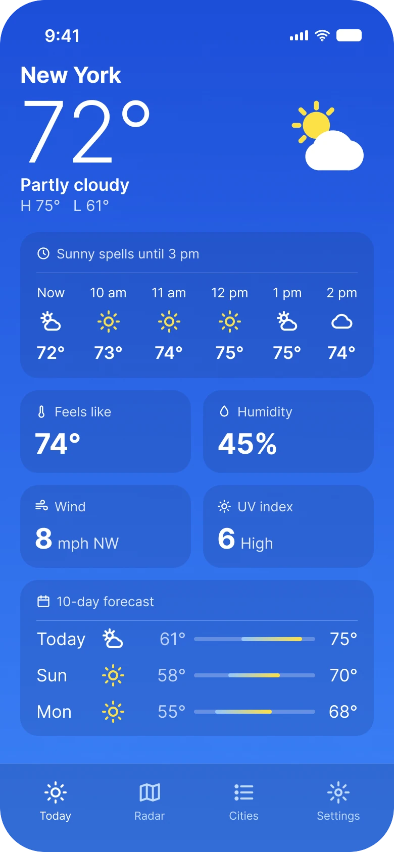 The same weather home screen fixed on a deeper blue gradient: New York, a very large 72 degrees, a sun behind a cloud, one card of six hours, four detail cards and a three day forecast with range bars