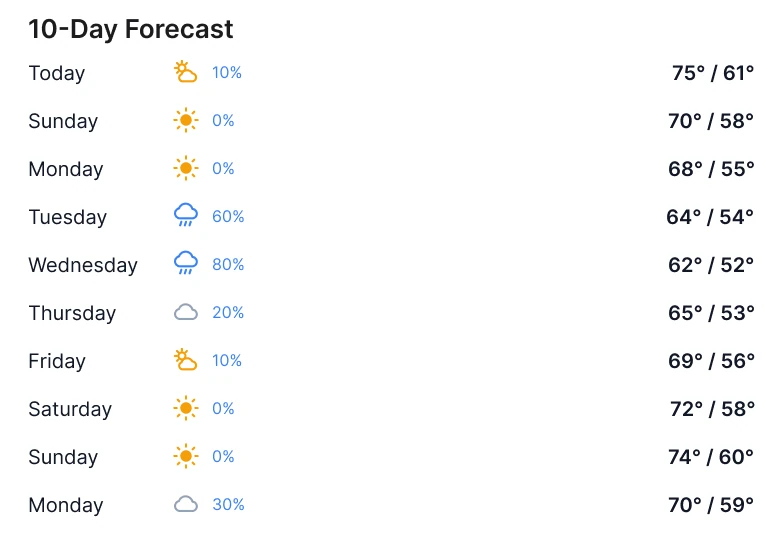 A white card titled 10-Day Forecast with ten rows, each with a day name, a small colored icon, a rain percentage and a high and low as text