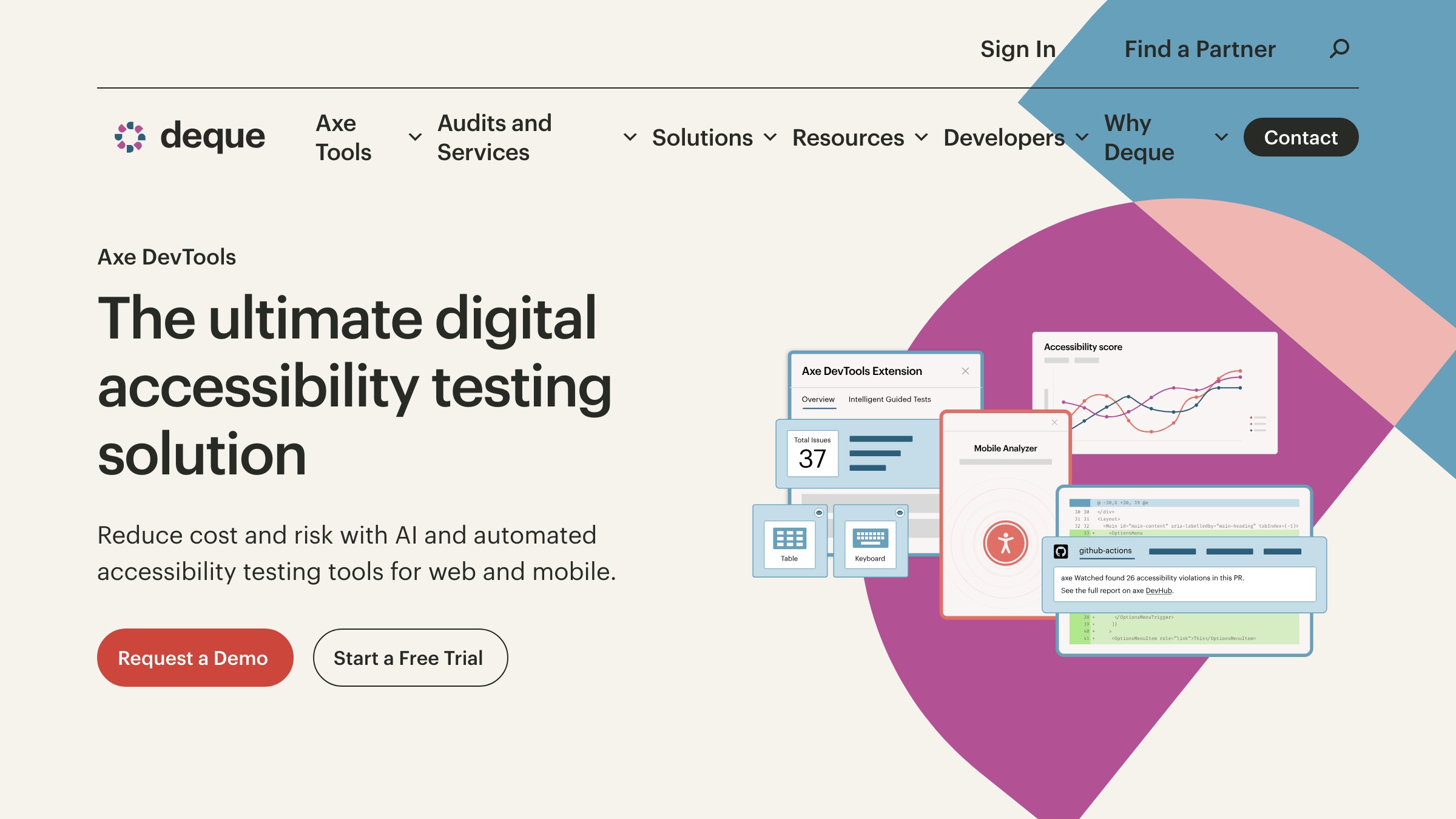 Screenshot of axe DevTools showing an accessibility scan of a web page with issues flagged by WCAG criterion