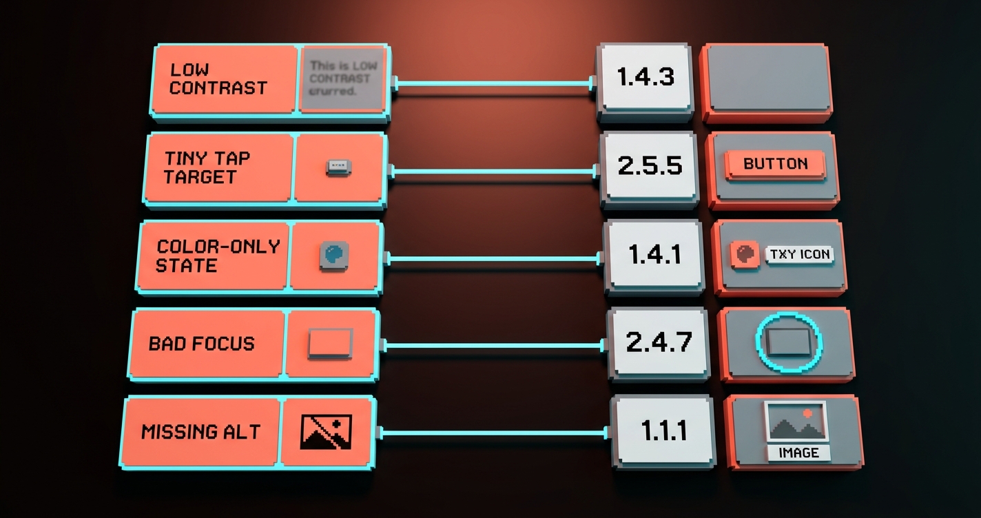 Voxel diagram mapping five common designer mistakes on the left to the five WCAG success criteria they violate on the right, connected by linker lines