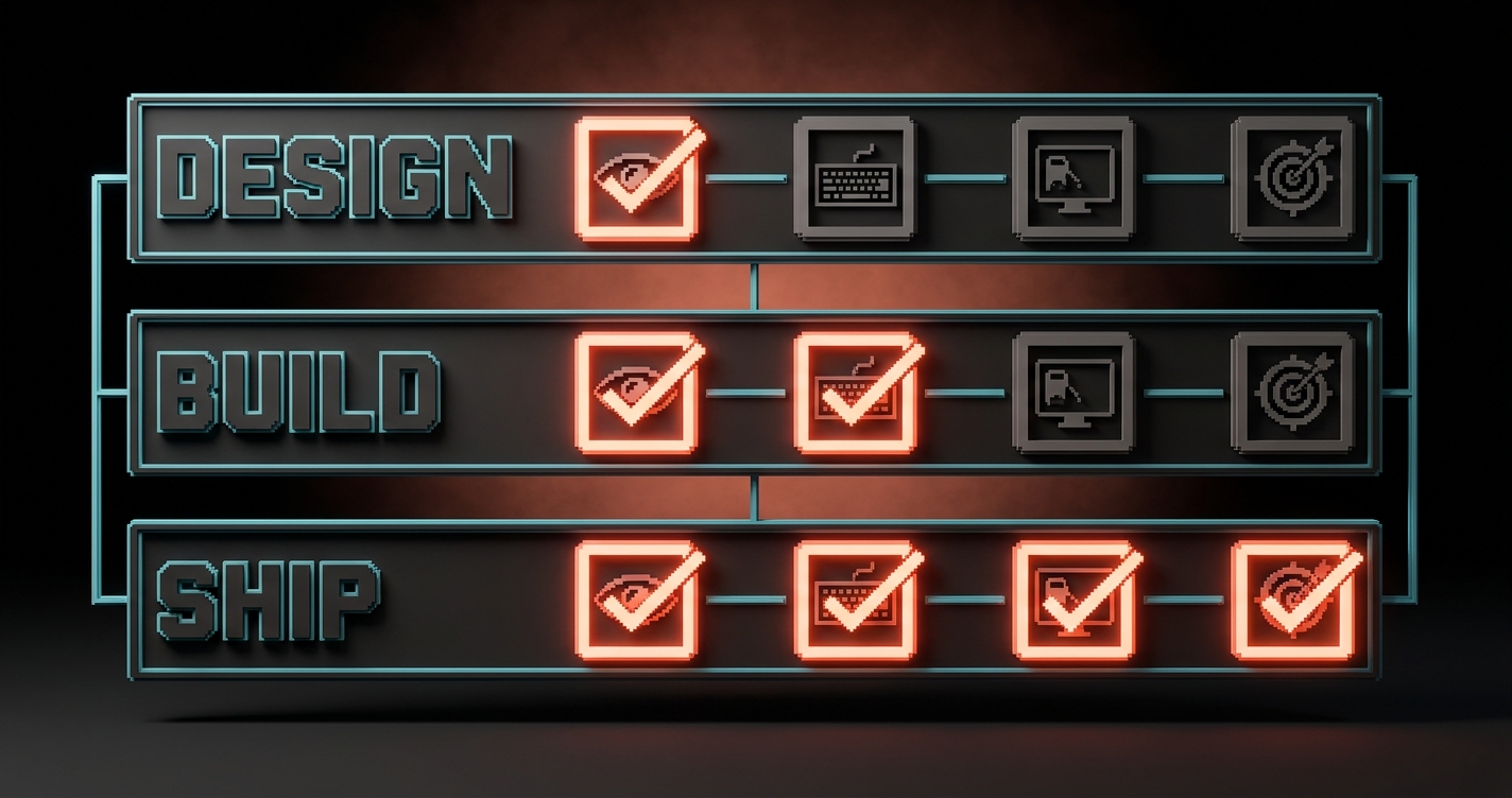 Voxel diagram showing three parallel lanes labeled DESIGN, BUILD, SHIP, each with checkbox stations representing accessibility checks at that stage