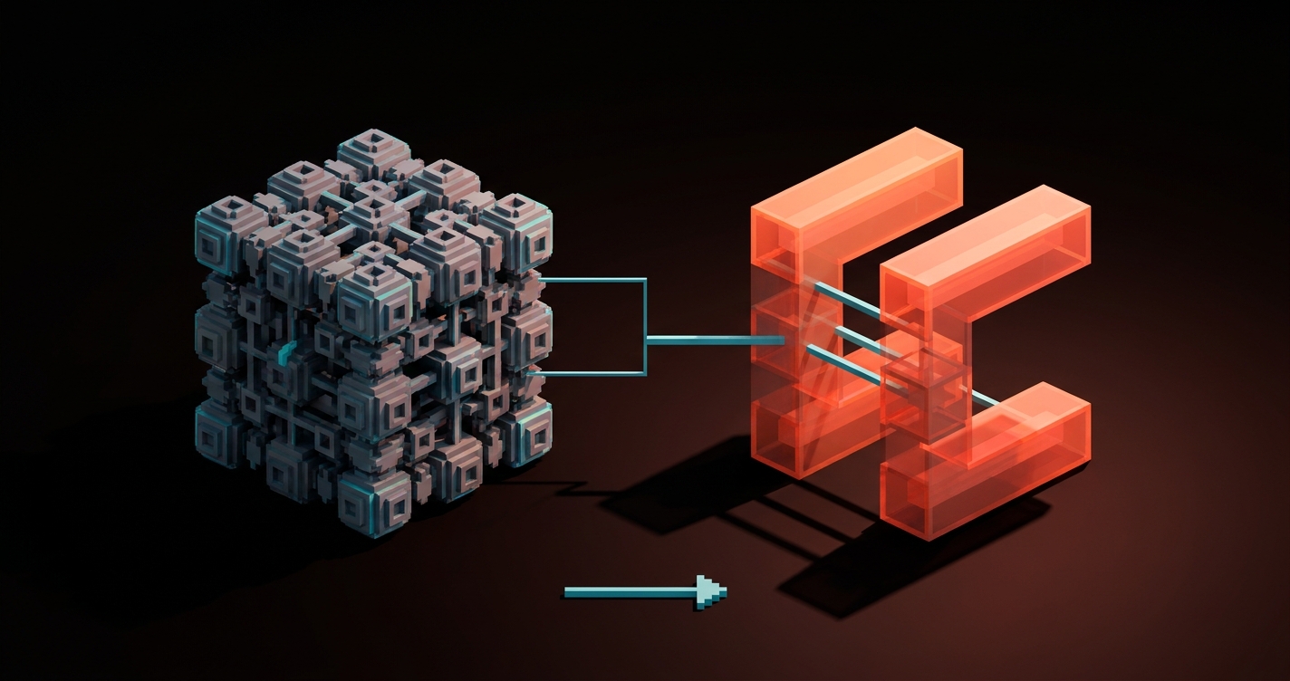 Two side-by-side voxel panels. Left labeled slow, beautiful with dense rendering. Right labeled fast, clean with stripped treatment. The fast panel feels better