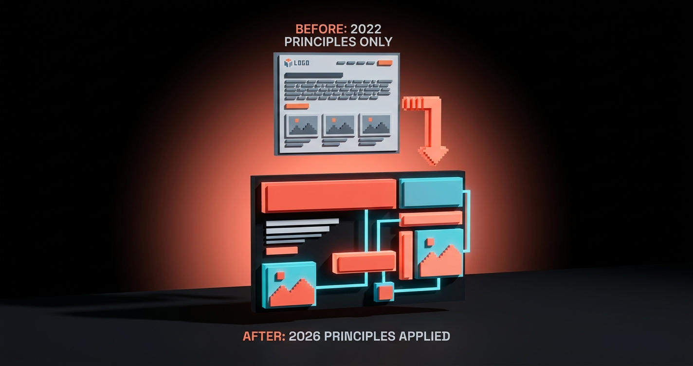 Two stacked voxel landing page mockups. Top labeled Before: 2022 principles only. Bottom labeled After: 2026 principles applied. Annotations on each call out the specific principle that changed