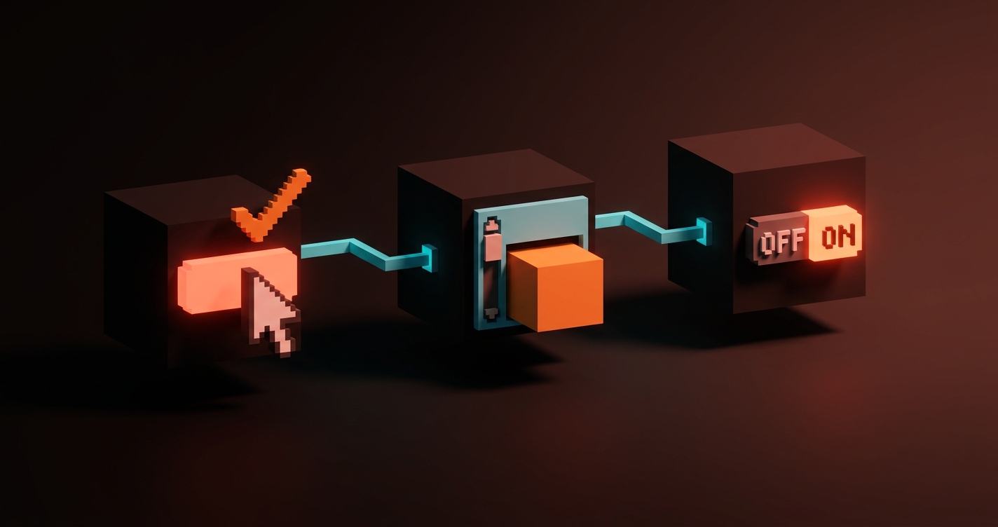 Voxel diagram of three micro-interactions (hover confirm, scroll reveal, state change), annotated with the information each motion communicates
