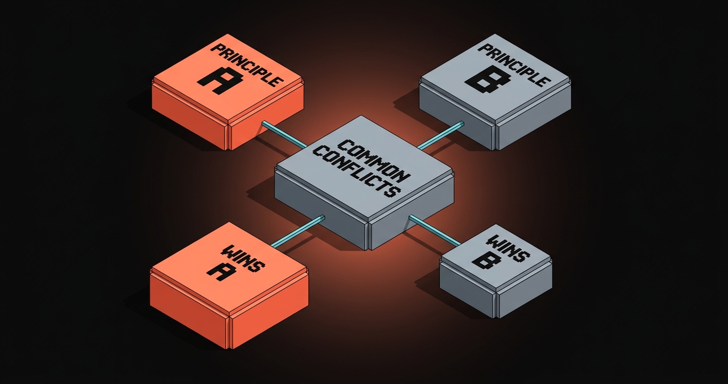 Voxel flowchart. Input: Principle A vs Principle B. Resolution paths showing which principle wins in each common conflict
