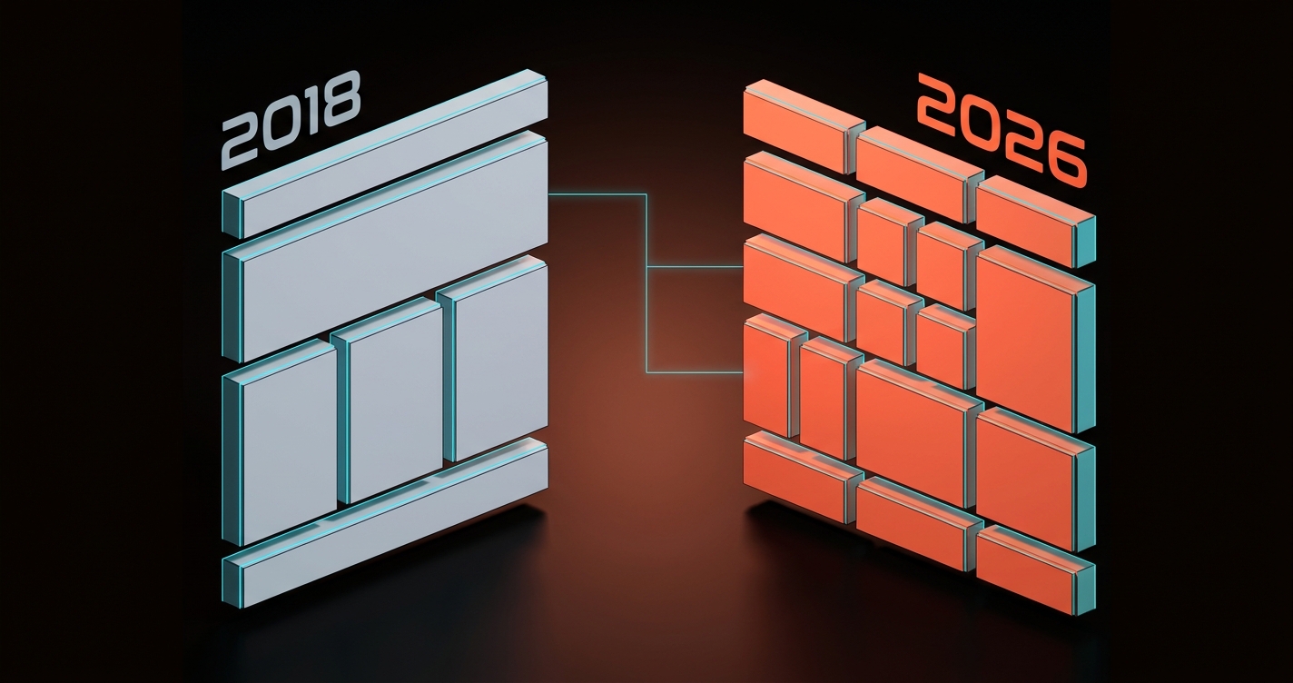 Voxel split. Left labeled 2018 page template with a strict header/hero/3-col/footer rhythm. Right labeled 2026 content grid with unequal bento-style cells adapting to content weight