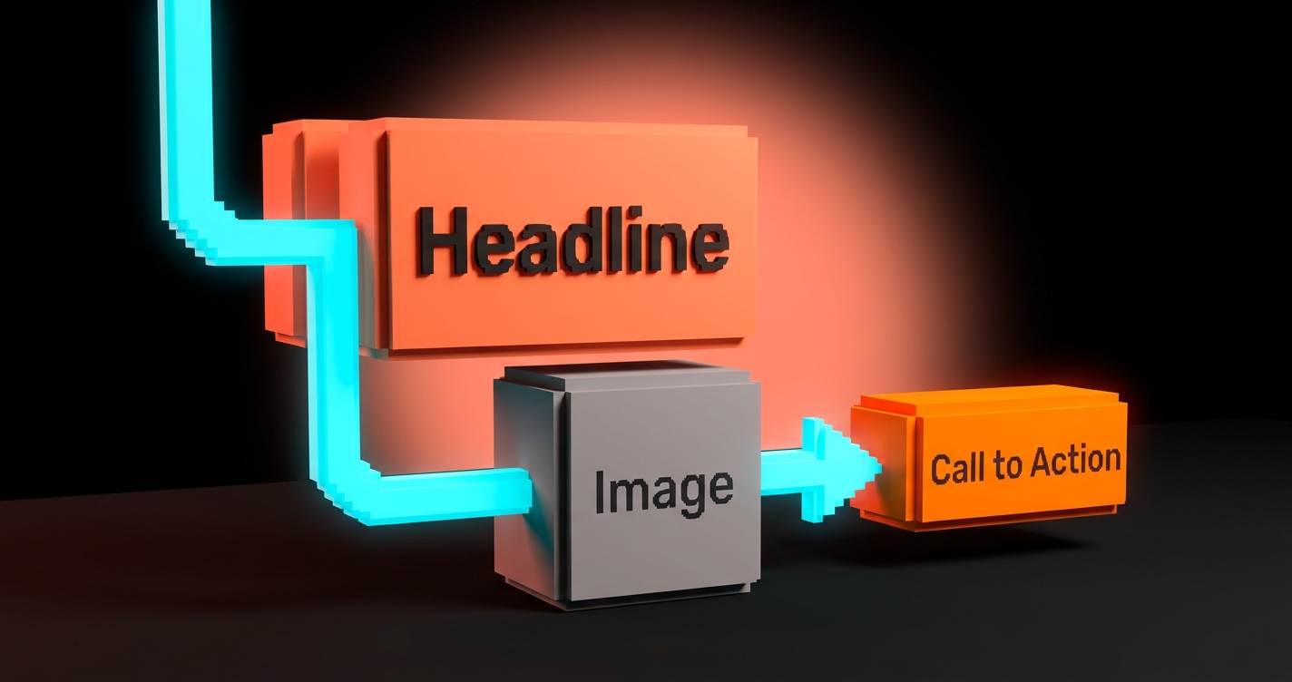 A voxel diagram of an eye-path across a landing page, with scale, contrast, and position driving the sequence. Anchors visible