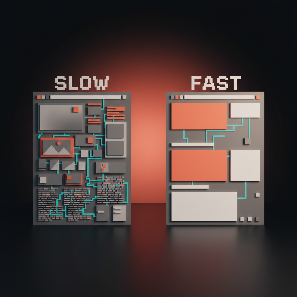 Two side-by-side voxel panels. Left labeled slow, beautiful with dense rendering. Right labeled fast, clean with stripped treatment. The fast panel feels better