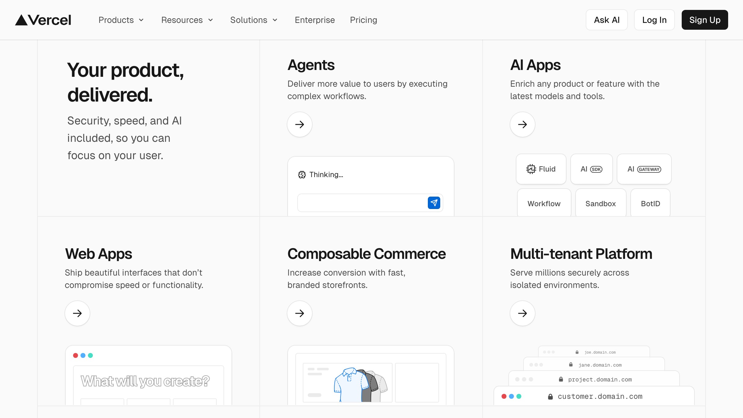 Vercel's 2026 homepage bento: mixed media cells unified by shared background, radius, and padding rhythm