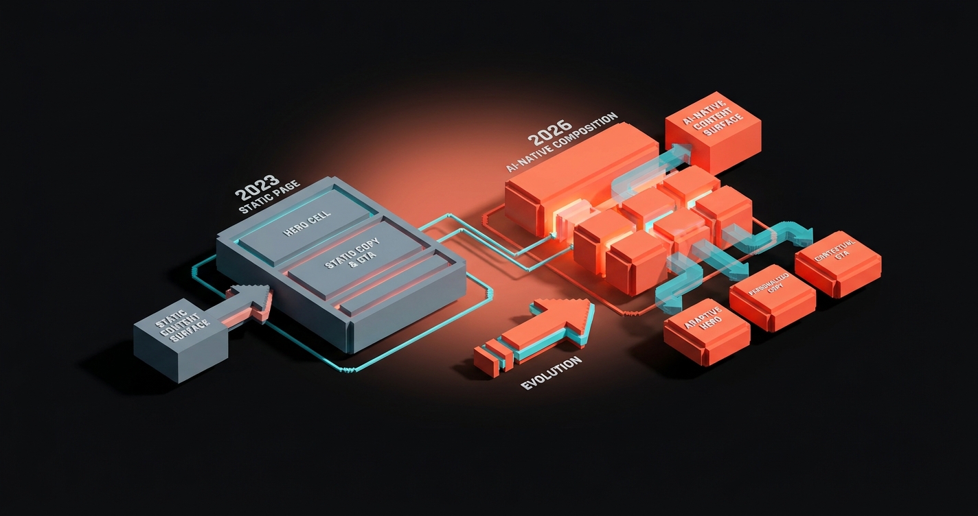 Framework diagram: same content surface rendered two ways, a flat 2023 static page versus a 2026 AI-native composition that swaps hero cell, copy, and CTA per visitor intent