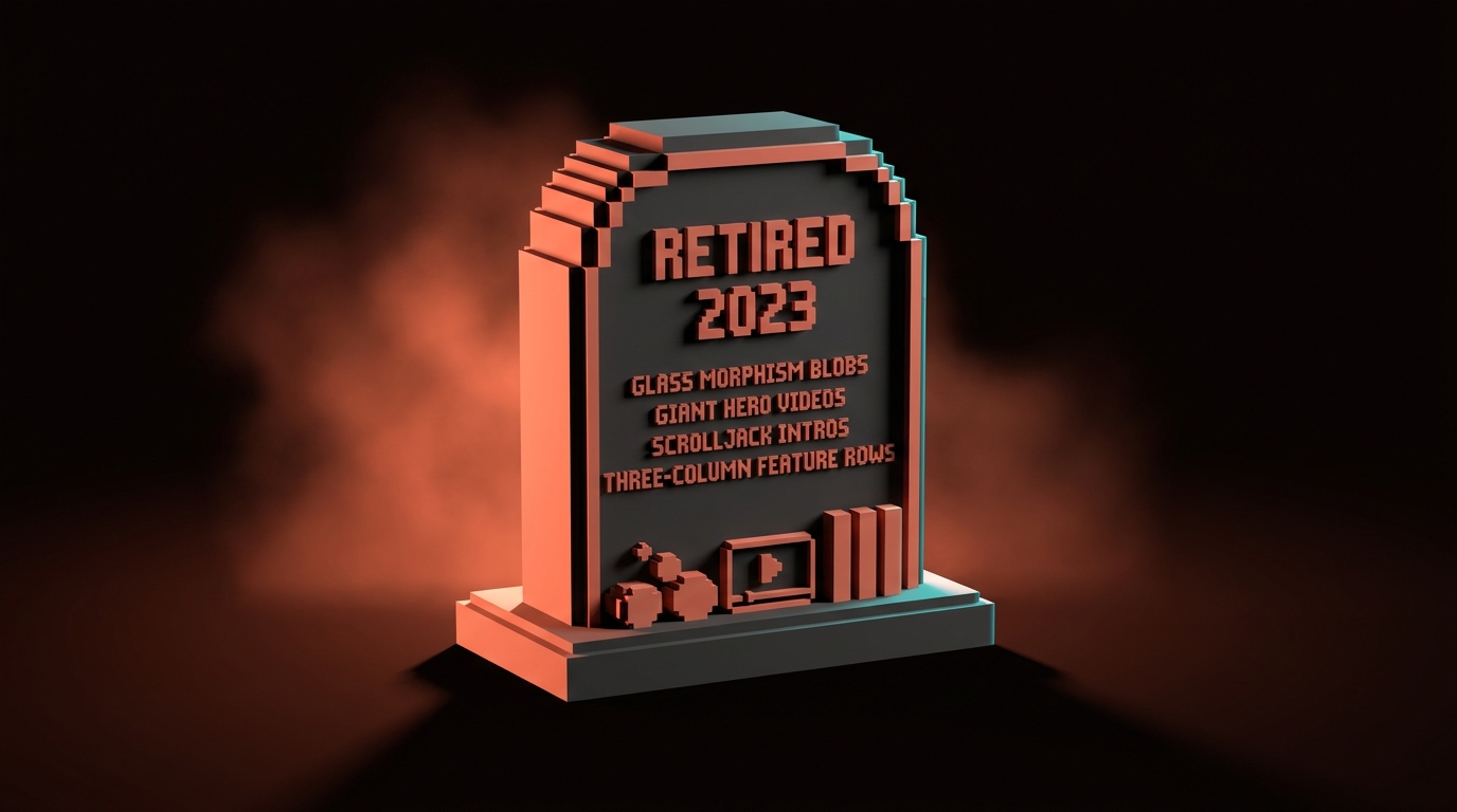 Graveyard card showing retired 2023 patterns labeled: glass morphism blobs, giant hero videos, scrolljack intros, three-column feature rows