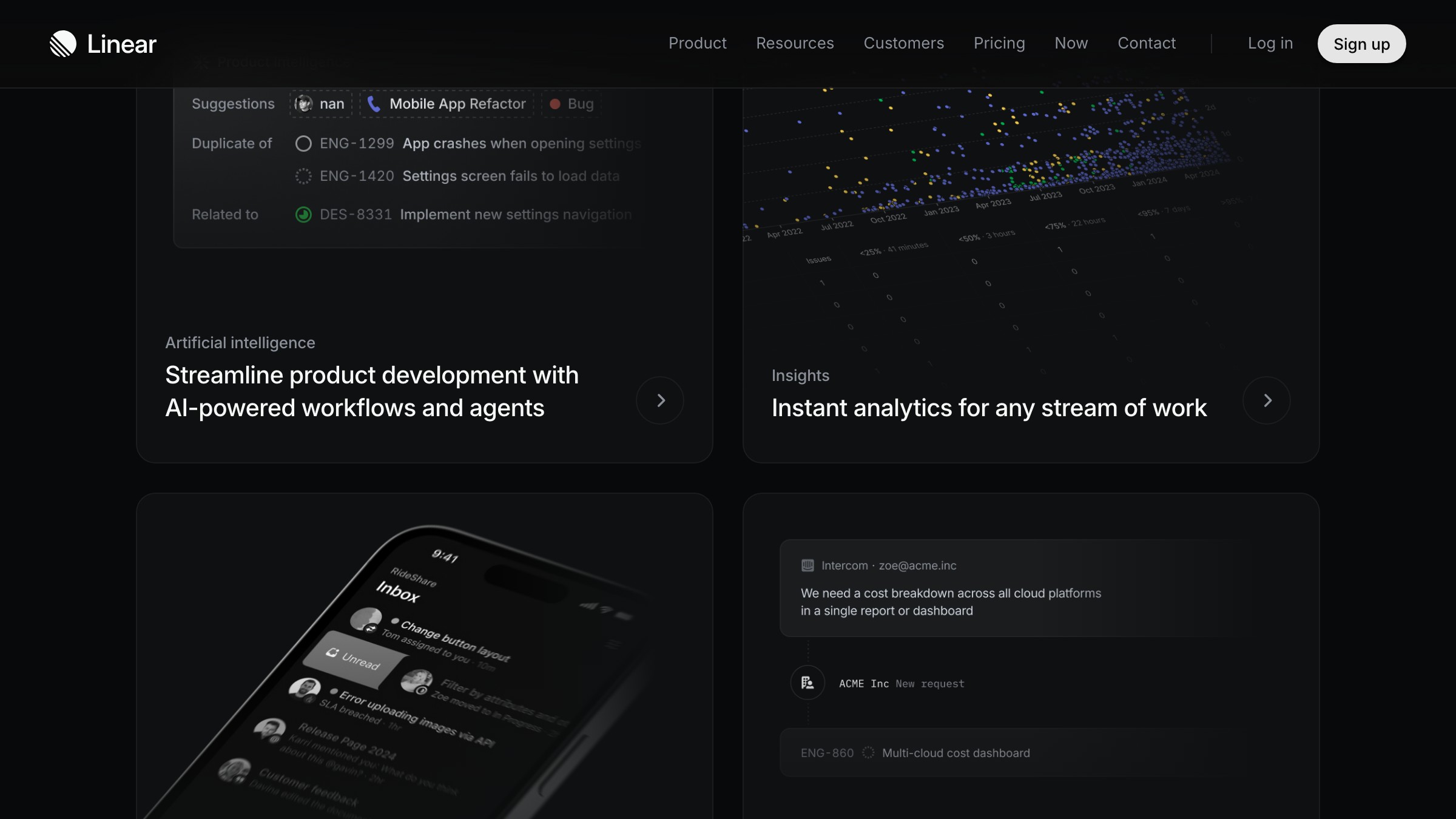 Linear's features page: each feature block is its own bento, with nested cells and monospace labels. The spec-sheet aesthetic is the point