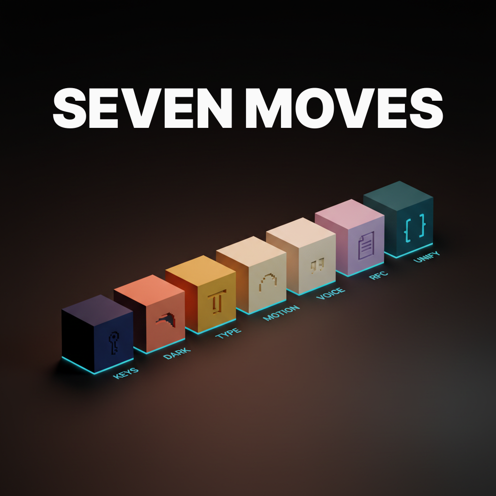 Voxel row of seven heavy blocks in indigo coral amber cream cyan violet teal with single-word etched labels KEYS DARK TYPE MOTION VOICE RFC UNIFY, dark studio with coral haze, text overlay SEVEN MOVES