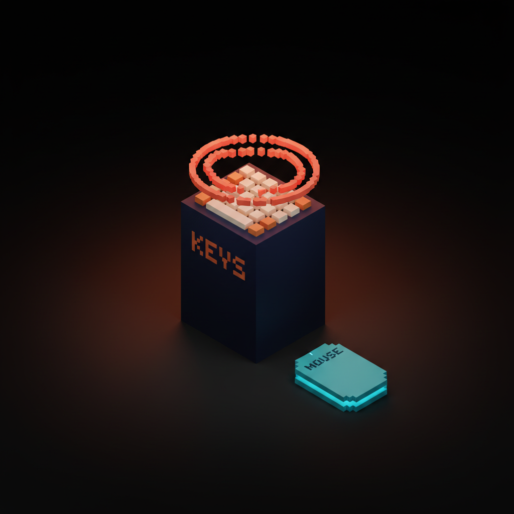 Voxel central pedestal with carved keycaps and coral motion ring above with single-word etched labels KEYS and MOUSE on a smaller dimmed cursor shape, dark studio with coral haze