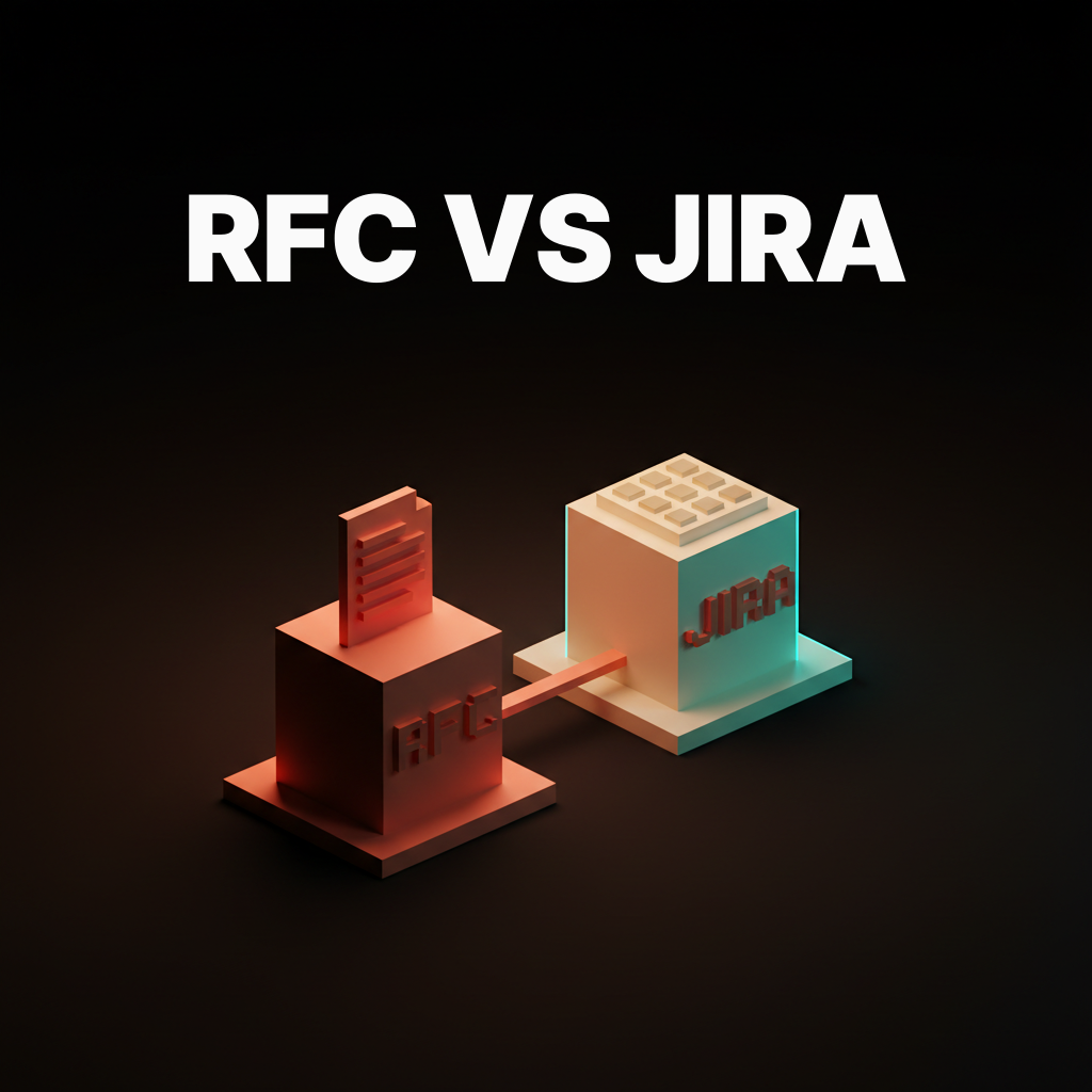 Voxel two pedestals with coral RFC document chip and cream JIRA grid chip with rule between them, dark studio with coral haze, text overlay RFC VS JIRA