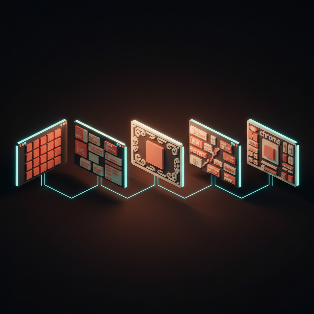 Voxel comparison of five small digital screens showing common design sins: same-size everything, no clear lead, decoration over structure, too many fonts, too much chrome, in soft pastel coral and cream against a dark backdrop.