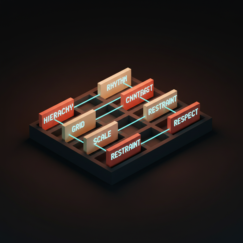 Voxel framework: seven labeled cards reading HIERARCHY, GRID, RHYTHM, SCALE, CONTRAST, RESTRAINT, RESPECT, arranged like a printer's tray on a soft pastel coral and cream surface.