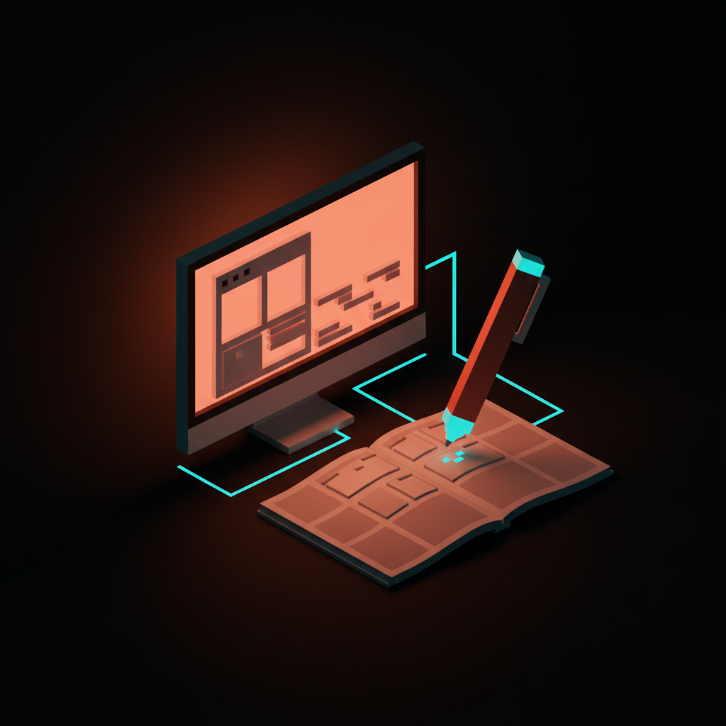Voxel scene of a designer's audit station: a screen showing a digital design beside a print spread used as reference, with a coral pen marking corrections, in soft pastel coral and cream against a dark backdrop.